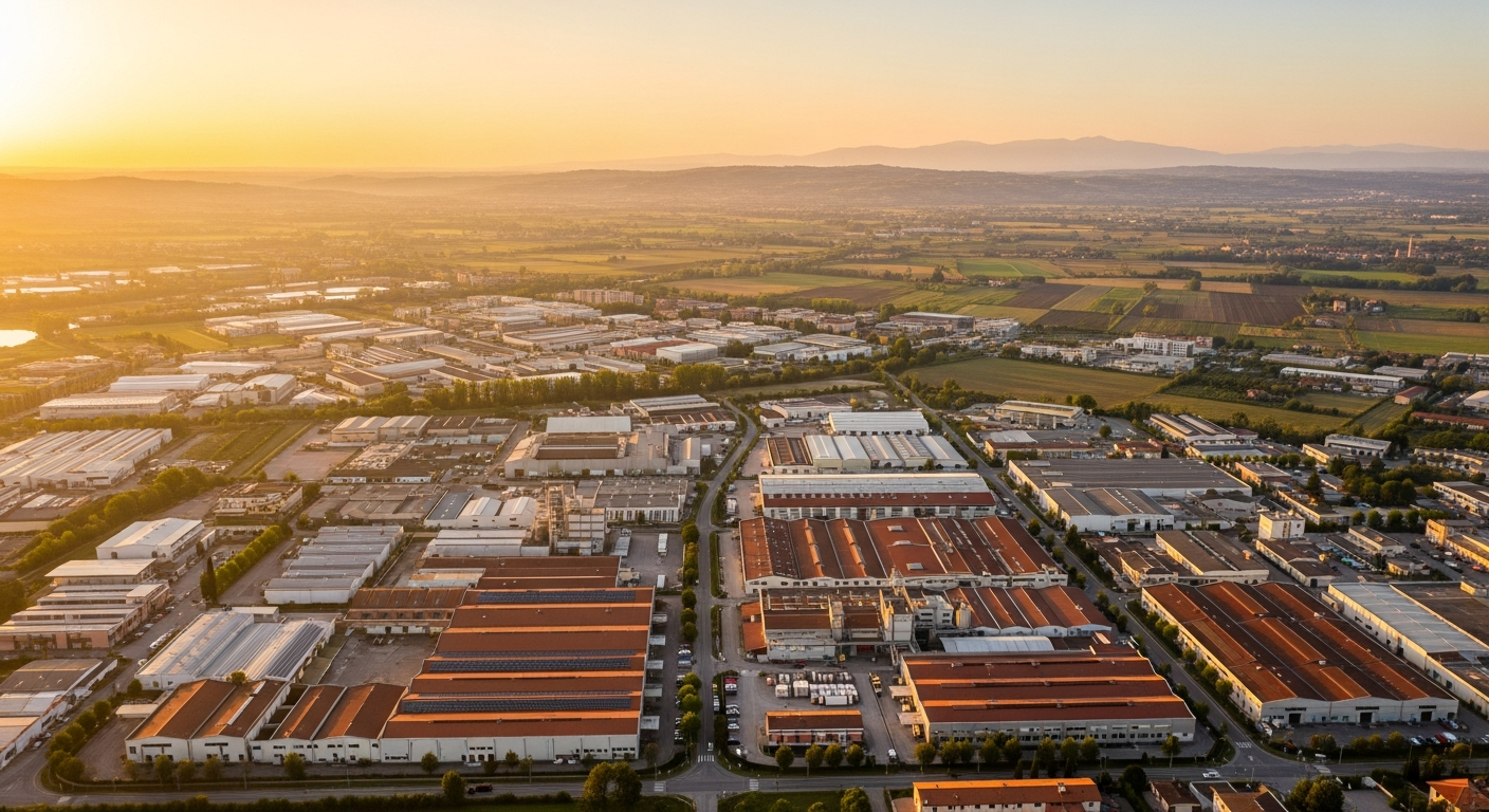 Industrijska zona u Sassuolu iz zraka, s niskim brežuljcima Emilia-Romagne i ujednačenim crvenim krovovima keramičkih tvornica.